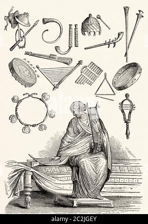 Traditional musical instruments of the ancient Roman Etruscans. Old 19th century engraved illustration, El Mundo Ilustrado 1880 Stock Photo