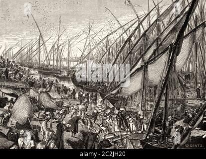 Port in the Boulaq district of Cairo, Ancient Egypt. Old 19th century ...