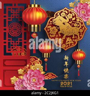 Chinese new year 2021 year of the ox , red paper cut ox character,flower and asian elements with craft style on background. Stock Vector