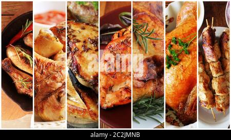 Collage of chicken meals . Set from various kinds of restaurant menu dishes in stripes. Stock Photo