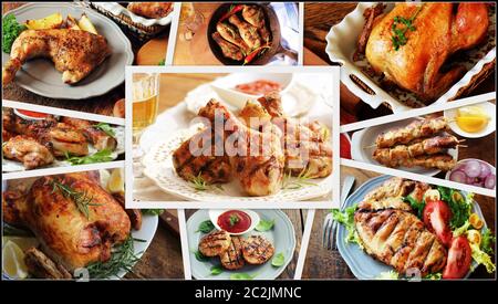 Collage of chicken meals . Set from various kinds of restaurant menu dishes . Stock Photo