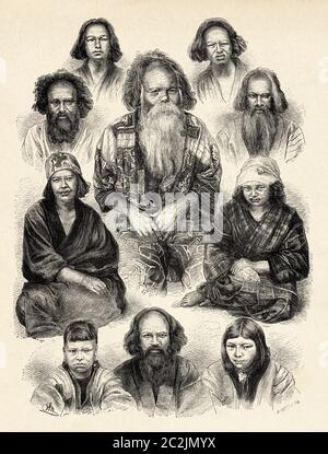 Ainu characters in traditional costume. Indigenous ethnic group of Hokkaido and northern Honshu, in the northern part of Japan, as well as the Kuril Islands and the southern half of the island of Sakhalin in Russia. Old 19th century engraved illustration, El Mundo Ilustrado 1880 Stock Photo