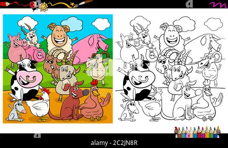 happy farm animal characters group coloring book Stock Photo