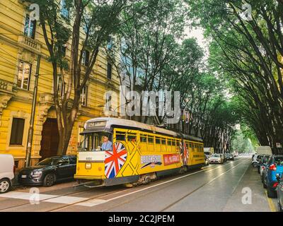 September 25, 2019 Italy. Milan. The yellow retro old tram of Milan in mint condition, still operates. Famous vintage tram in th Stock Photo