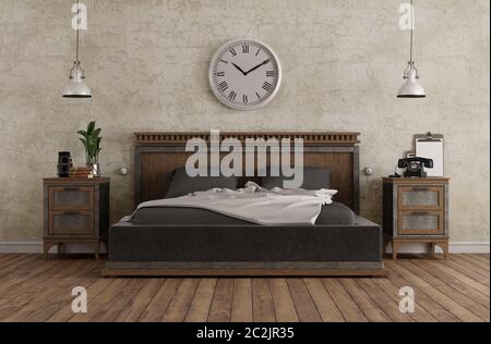 Master bedroom in vintage style with double bed and bedside tables against old wall - 3d rendering Stock Photo