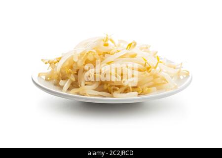 Preserved mung sprout on plate isolated on white background. Stock Photo
