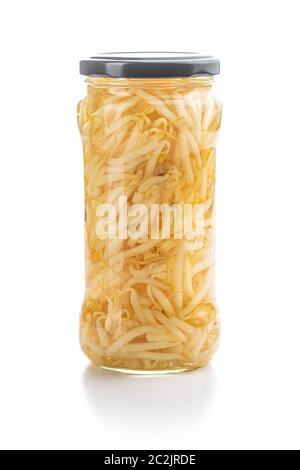 Preserved mung sprout in jar isolated on white background. Stock Photo
