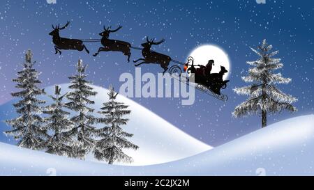 Santa claus with reindeers and sleigh, moon, trees and snowfall Stock Photo