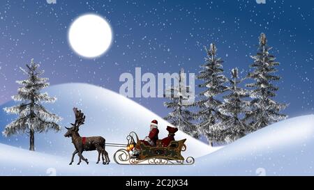 Santa claus with reindeers and sleigh, moon, trees and snowfall Stock Photo