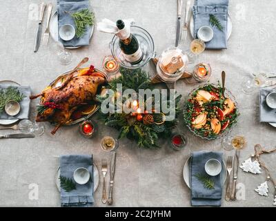 Table setting for Christmas dinner, top view Stock Photo
