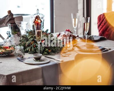 Table setting for Christmas dinner, image with bokeh Stock Photo