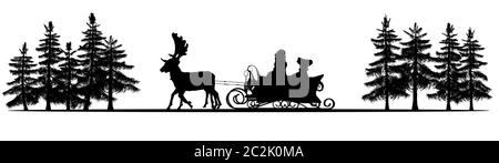 Christmas panorama - Santa Claus, sleigh, reindeers, trees - silhouette Stock Photo