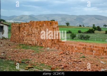 Warehouse of hollow ceramic bricks. Construction base. Stock Photo