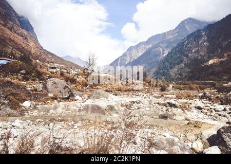 Picturesque mountain valley landscape scenery in one summer morning panoramic view. Stock Photo