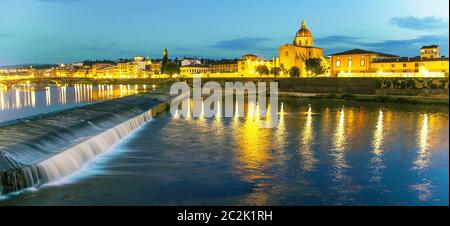 Evening mood on the weir Pescaia di Santa Rosa Arno in Florence Tuscany Italy Stock Photo