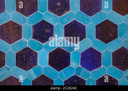 Hexagonal colorful modern bathroom, toilette or kitchen ceramic tiles wall. Artistic blue and white ornamental hexagonal ceramic Stock Photo