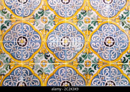 Handmade old Turkish Blue ceramic Tiles on the wall in Istanbul City, Turkey. Close up. Ancient Ottoman patterned Iznik syle des Stock Photo