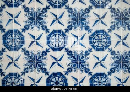 Handmade old Turkish Blue ceramic Tiles on the wall in Istanbul City, Turkey. Close up. Ancient Ottoman patterned Iznik syle des Stock Photo