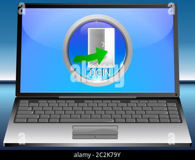 Laptop Computer with Login Screen on blue desktop - 3D illustration Stock Photo