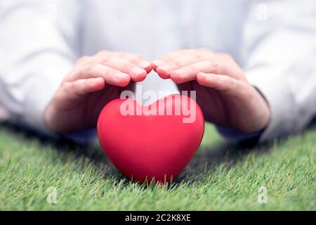Red heart on green grass covered by hands. Health insurance or love concept Stock Photo