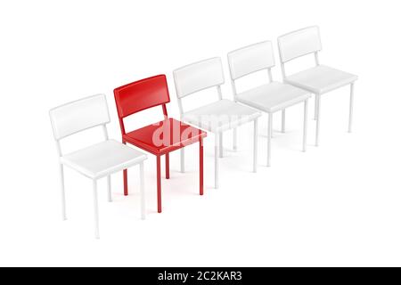 One unique red chair in a row of white chairs Stock Photo