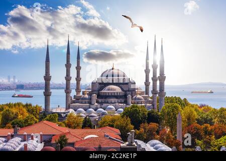 Gorgeous Sultan Ahmet Mosque in Istanbul and the Bosporus on the background. Stock Photo