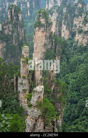 Vertical view of the stone pillars of Tianzi mountains in Zhangjiajie National park which is a famous tourist attraction, Wulingyuan, Hunan Province, Stock Photo