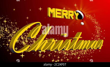 merry christmas 3D lettering in gold colour in front of a red background with gold stars Stock Photo