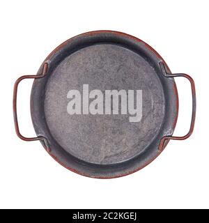 Rusty empty round metal tray with handles top view isolated Stock Photo