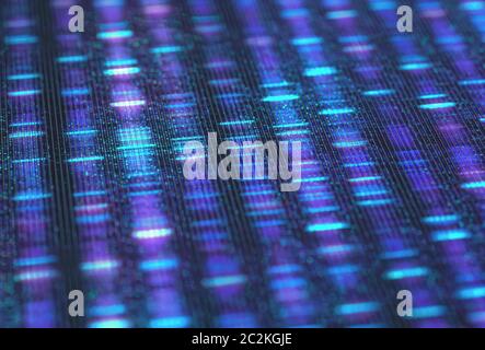 DNA code, Sanger sequence in binary digital storage. 3D Illustration of a method of colored DNA sequencing. Stock Photo