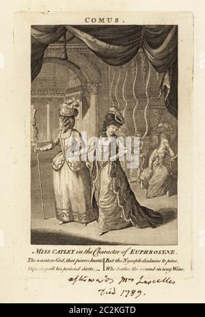 Miss Ann Catley in the character of Euphrosyne in John Milton’s Comus. She first played the role at Covent Garden Theatre in 1772. Actress and singer, later Mrs. Lascelles, wife to Lieutenant-Colonel Francis Lascelles. Copperplate engraving published in The Universal Magazine, Thomas Lowndes, London, 1777. Stock Photo