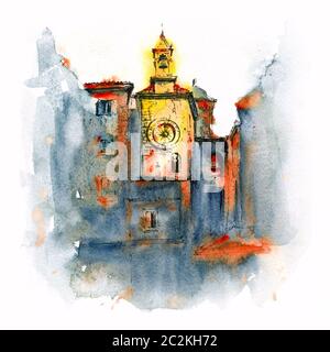 Watercolor sketch of Romanesque bell tower with clock and bell next to Iron Gate, the western door of Diocletian Palace in Medieval Old town of Split, Stock Photo