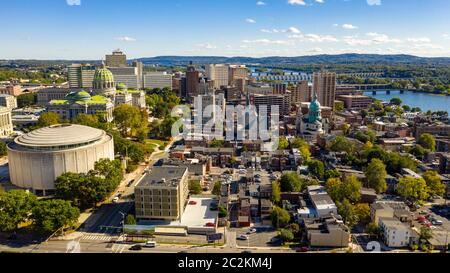 Afternoon light hits the buildings and downtown city center area in Pennsylvania state capital at Harrisburg Stock Photo