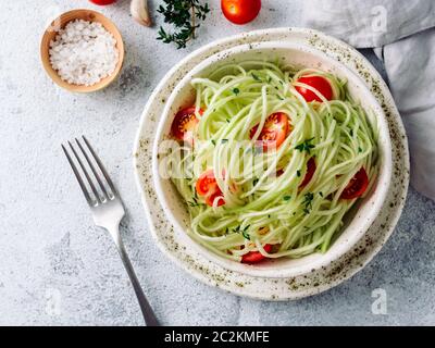 Zucchini noodles salad. Top view, copy space Stock Photo