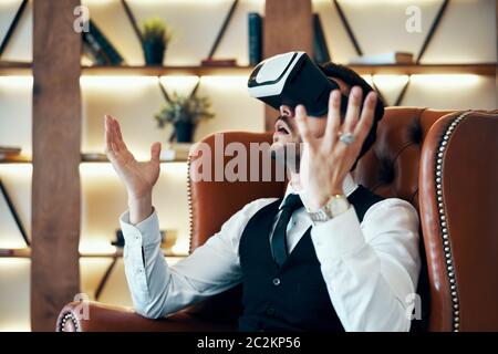 Man wearing virtual reality goggles Stock Photo