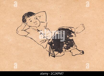 lying chinese boy hand drawn in sumi-e style by black ink on kraft paper Stock Photo