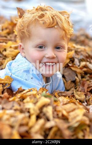 Portrait of happy little red hair boy lying in the middle of colorful autumn leaves Stock Photo