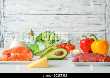 Assortment of food for ketogenic diet on wooden background Stock Photo