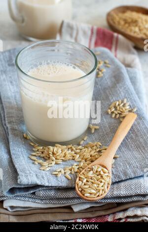 Vegan rice milk, non dairy alternative milk in a bottle close up Stock Photo