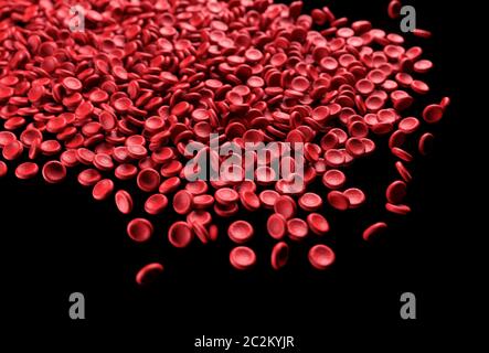 Red blood cells spilling out on black background. 3D illustration, conceptual image. Stock Photo