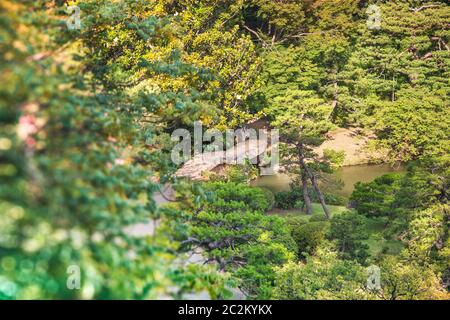 Large stone bridge named Togetsu bridge on a pond under a big mapple tree in the garden of Rikugien in Tokyo in Japan. Stock Photo