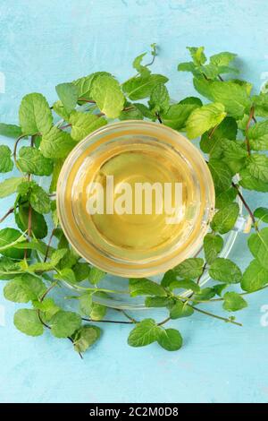 Mint tea cup, overhead shot on a blue background with fresh green mint leaves Stock Photo