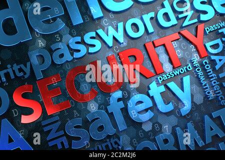 Security - Wordcloud Concept. The Word in Red Color, Surrounded by a Cloud of Blue Words. Stock Photo
