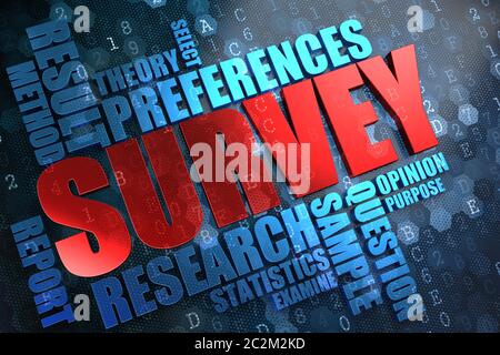 Survey - Wordcloud Concept. The Word in Red Color, Surrounded by a Cloud of Blue Words. Stock Photo