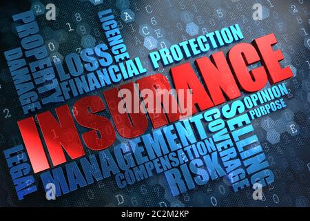 Insurance - Wordcloud Concept. The Word in Red Color, Surrounded by a Cloud of Blue Words. Stock Photo