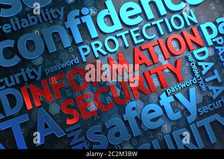 Information Security - Wordcloud Concept. The Word in Red Color, Surrounded by a Cloud of Blue Words. Stock Photo