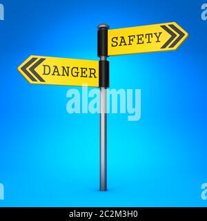 Yellow Two-Way Direction Sign with the Words Danger and Safety on Blue Background. Concept of Choice. Stock Photo