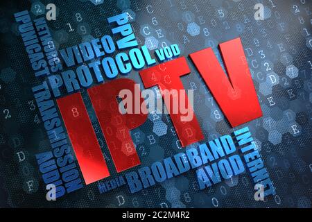 IPTV - Wordcloud Concept. The Word in Red Color, Surrounded by a Cloud of Blue Words. Stock Photo