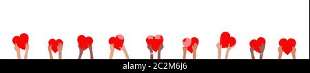 Donation banner with children hands holding and giving red hearts donate concept Stock Vector