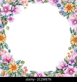 Floral square frame of watercolor wildflowers. There is a place for text. Spring and summer template for wedding invitations and social networks. Stock Photo